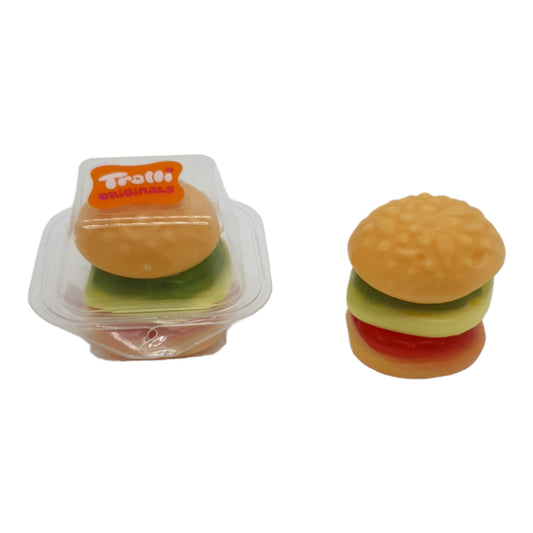 SuperSnoep.be Trolli Party Hamburger Mini. De hamburgers van Trolli zijn al jaren beroemd. Elke burger zit verpakt in een hamburgerdoosje.  Prijs per stuk.